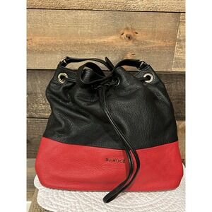 Banuce Trendy Full Grains Italian Leather Red, & Black Bucket Crossbody Bag EUC